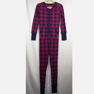 Jockey Women's Waffle Knit Navy Berry Plaid Unionsuit Back Flap Size Small